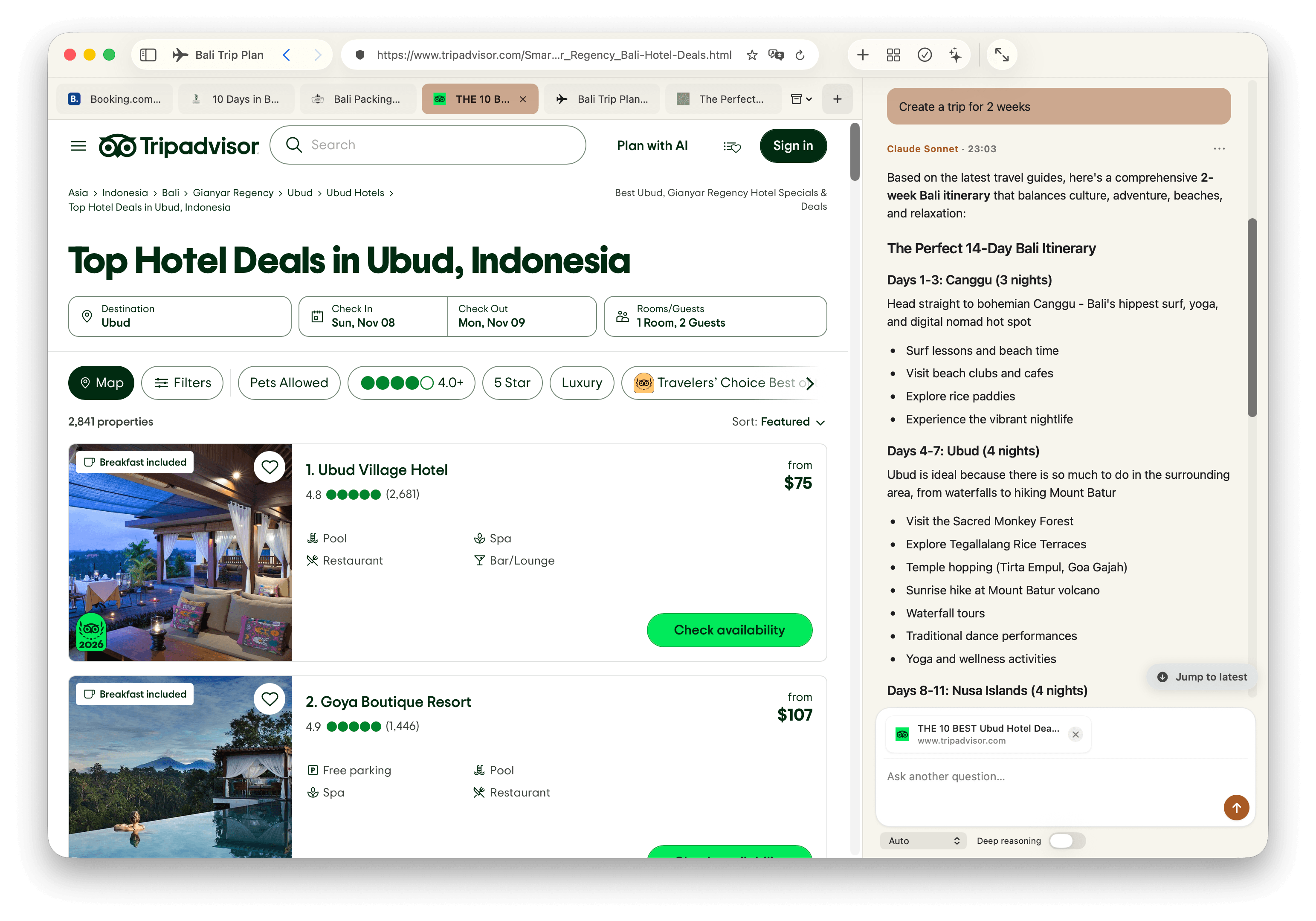 Snotra Bali Trip Plan context with TripAdvisor hotels and a two-week itinerary in the AI sidebar